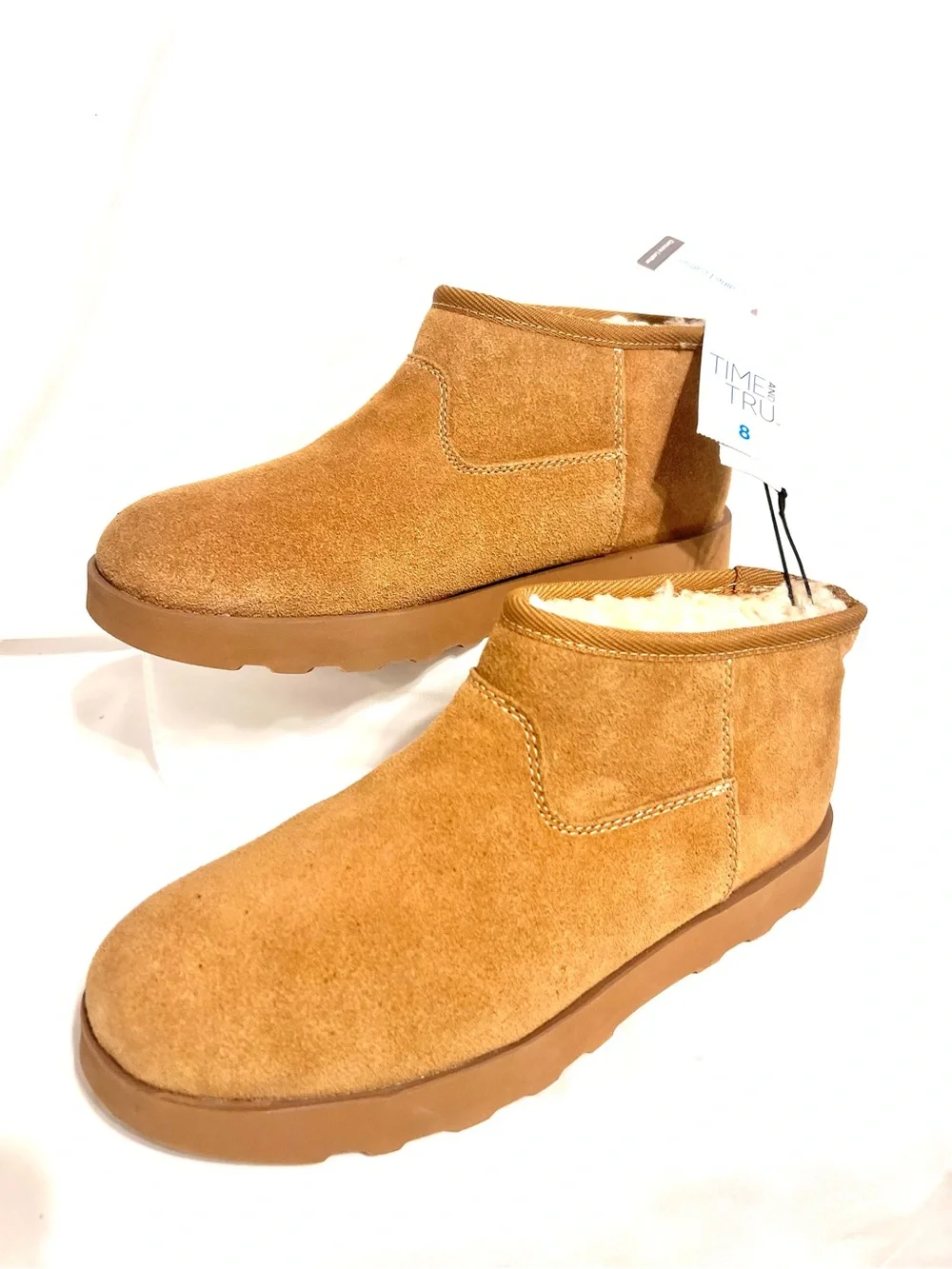 Time and Tru-NWT-Women's Ankle Boots-Tan-Leather Suede-Slip On-Sz. 8-Faux Fur